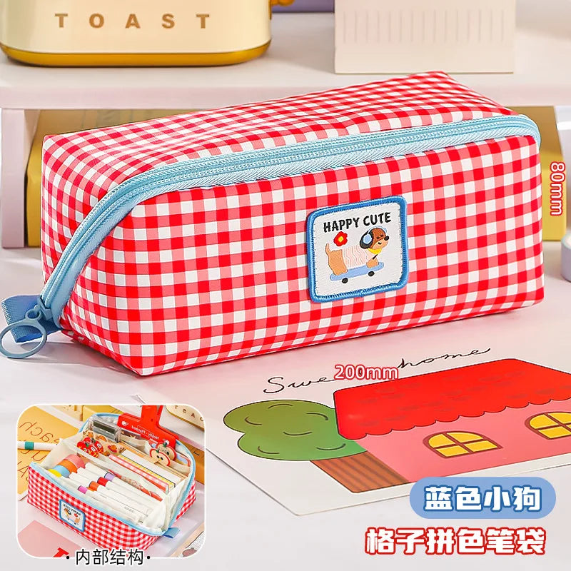 New Kawaii Cartoon Checkered Large Capacity pencil case Student School Desktop Storage Stationery Multi Layer Pen bag Kids Gifts
