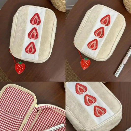 Cute Embroidered Strawberry Pencil Case Portable Stationery Pen Box Multi Functional Large Capacity Makeup Bag Storage Bag