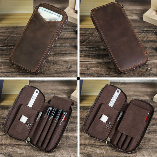 Genuine Leather Pencil Case with 4 Slots Handmade Multifunctional Zipper Fountain Pen Bag Student Stationery Pen Box
