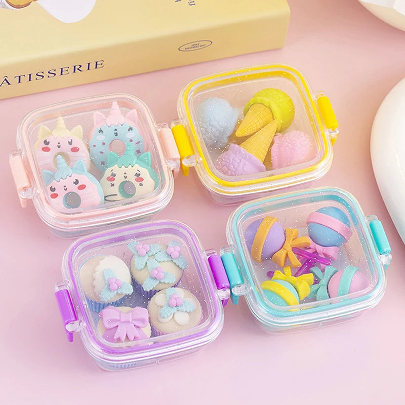 Random 1pc Lunch Box Eraser Set Lovely Eraser Soft Pencil Eraser School Students Stationery Supplies Exquisite Prize Gifts