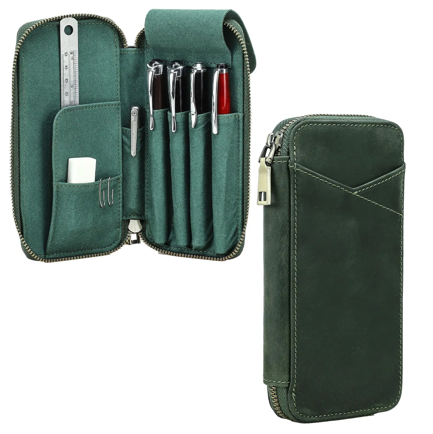 Genuine Leather Pencil Case with 4 Slots Handmade Multifunctional Zipper Fountain Pen Bag Office School Stationery Organizer Bag