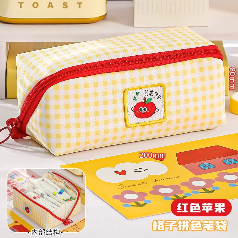 New Kawaii Cartoon Checkered Large Capacity pencil case Student School Desktop Storage Stationery Multi Layer Pen bag Kids Gifts