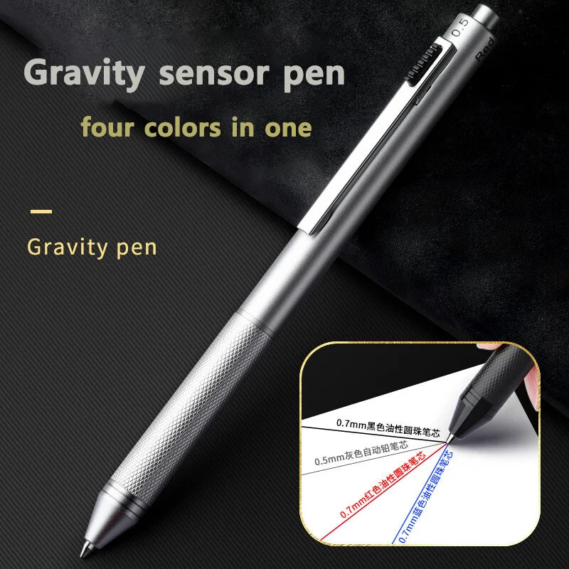 4 In 1 Multifunction Luxury Pen, 0.7mm 3 Color Ballpoint 0.5mm Mechanical Pencil, Gravity Sensor Metal Retractable Pens Długopis