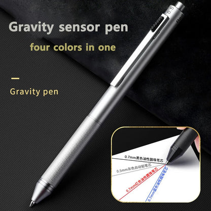 4 In 1 Multifunction Luxury Pen, 0.7mm 3 Color Ballpoint 0.5mm Mechanical Pencil, Gravity Sensor Metal Retractable Pens Długopis