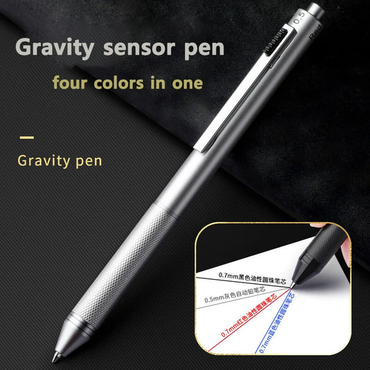 4 In 1 Multifunction Luxury Pen, 0.7mm 3 Color Ballpoint 0.5mm Mechanical Pencil, Gravity Sensor Metal Retractable Pens Długopis