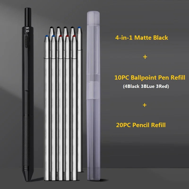 4 In 1 Multifunction Luxury Pen, 0.7mm 3 Color Ballpoint 0.5mm Mechanical Pencil, Gravity Sensor Metal Retractable Pens Długopis