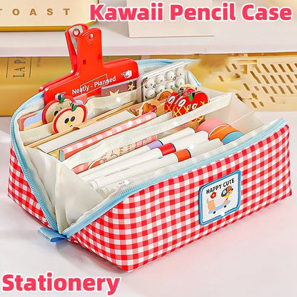 New Kawaii Cartoon Checkered Large Capacity pencil case Student School Desktop Storage Stationery Multi Layer Pen bag Kids Gifts