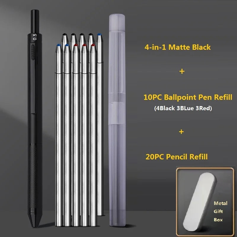 4 In 1 Multifunction Luxury Pen, 0.7mm 3 Color Ballpoint 0.5mm Mechanical Pencil, Gravity Sensor Metal Retractable Pens Długopis