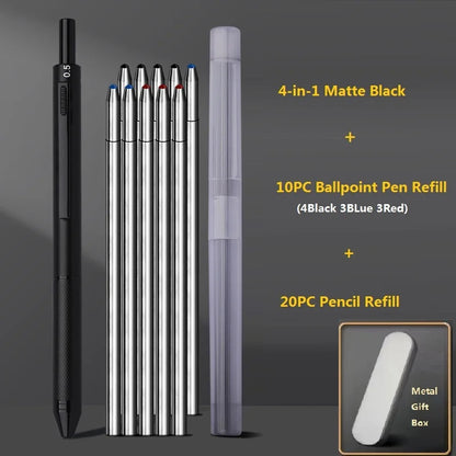 4 In 1 Multifunction Luxury Pen, 0.7mm 3 Color Ballpoint 0.5mm Mechanical Pencil, Gravity Sensor Metal Retractable Pens Długopis