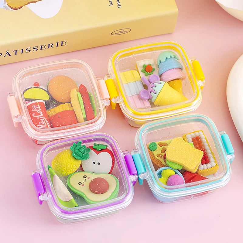 Random 1pc  Lunch Box Eraser Set Lovely Eraser Soft Pencil Eraser School Students Stationery Supplies Exquisite Prize Gifts