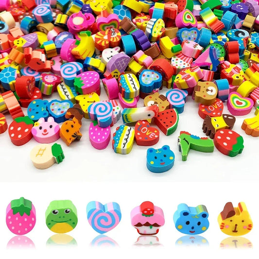 20-200pcs Mini Erasers Fruit Animal Number Cake Heart Designs School Supplies Graduation Gifts Classroom Prizes Birthday JXB