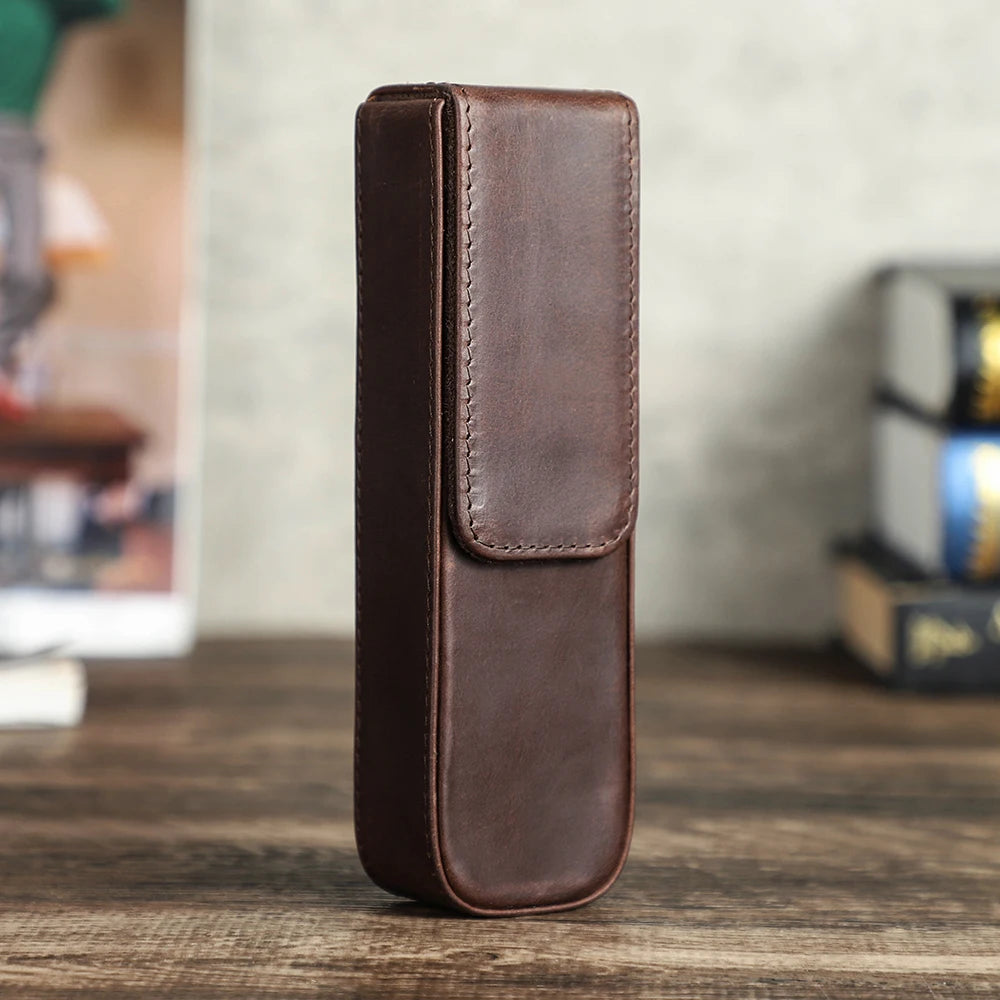 CONTACT'S FAMILY Leather 2 Slots Pen Case Magnetic buckle With Removable Pen Tray Holder Pencil Case Box Office School Pouch