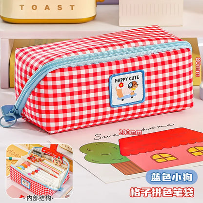 New Kawaii Cartoon Checkered Large Capacity pencil case Student School Desktop Storage Stationery Multi Layer Pen bag Kids Gifts