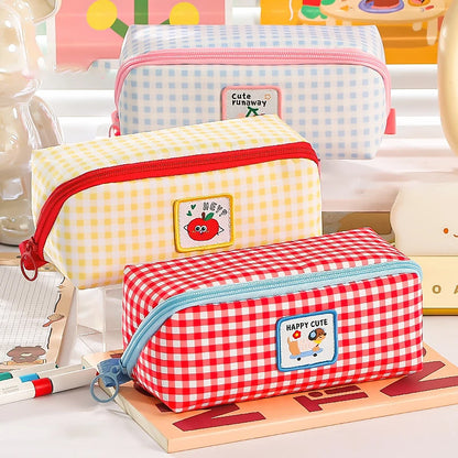 New Kawaii Cartoon Checkered Large Capacity pencil case Student School Desktop Storage Stationery Multi Layer Pen bag Kids Gifts