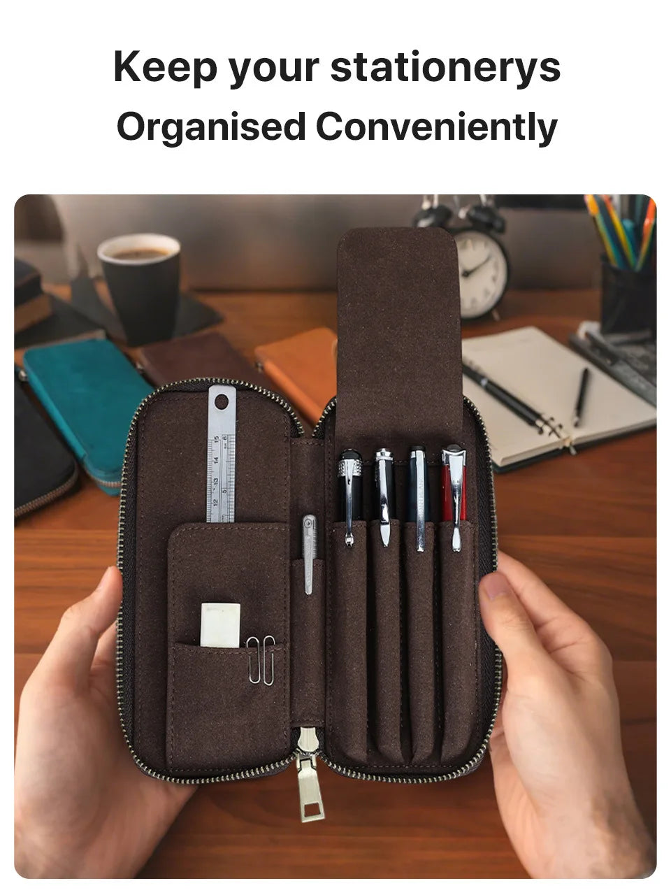 Genuine Leather Pencil Case with 4 Slots Handmade Multifunctional Zipper Fountain Pen Bag Student Stationery Pen Box