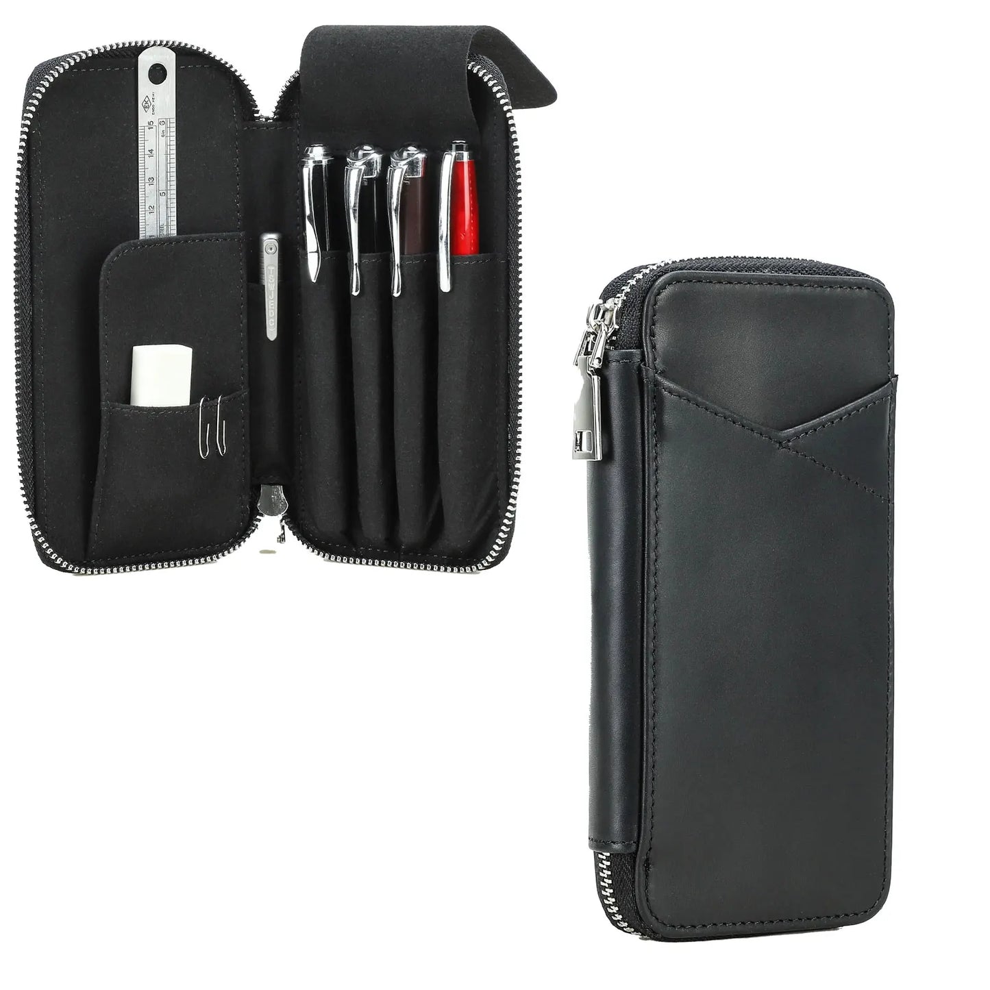 Genuine Leather Pencil Case with 4 Slots Handmade Multifunctional Zipper Fountain Pen Bag Office School Stationery Organizer Bag