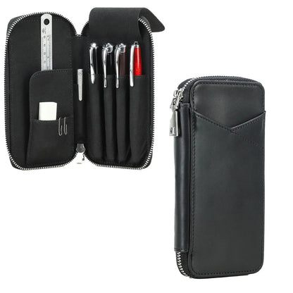 Genuine Leather Pencil Case with 4 Slots Handmade Multifunctional Zipper Fountain Pen Bag Office School Stationery Organizer Bag