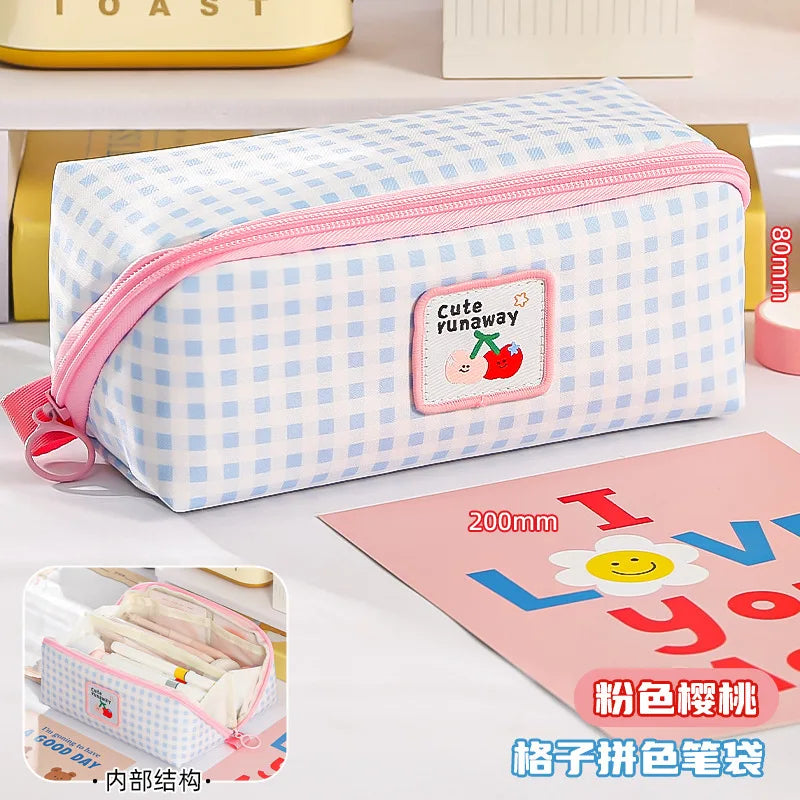 New Kawaii Cartoon Checkered Large Capacity pencil case Student School Desktop Storage Stationery Multi Layer Pen bag Kids Gifts