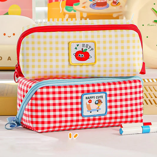 New Kawaii Cartoon Checkered Large Capacity pencil case Student School Desktop Storage Stationery Multi Layer Pen bag Kids Gifts