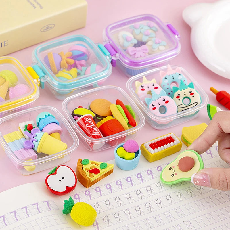 Random 1pc  Lunch Box Eraser Set Lovely Eraser Soft Pencil Eraser School Students Stationery Supplies Exquisite Prize Gifts