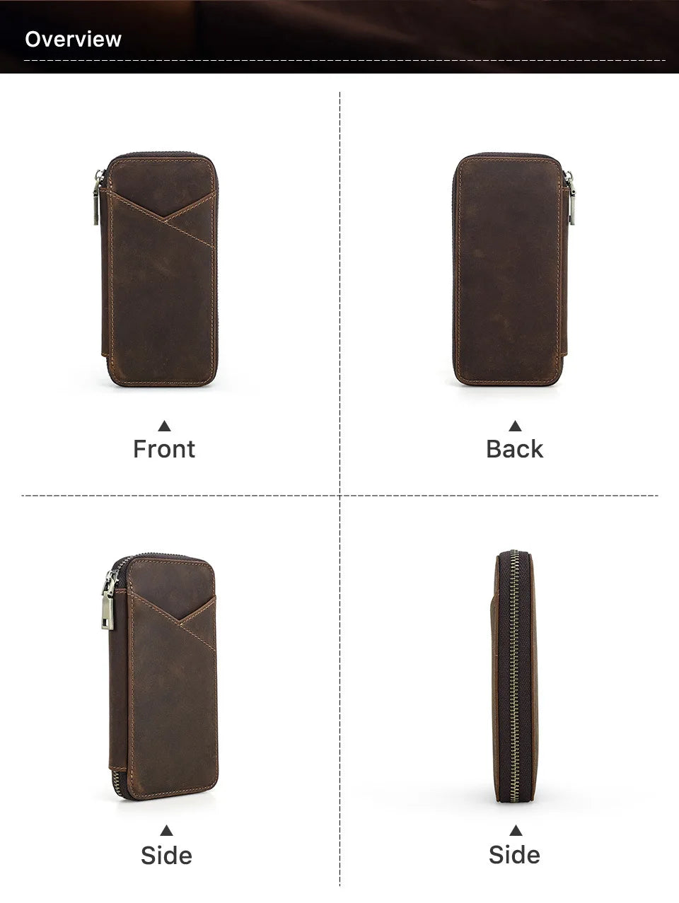 Genuine Leather Pencil Case with 4 Slots Handmade Multifunctional Zipper Fountain Pen Bag Student Stationery Pen Box