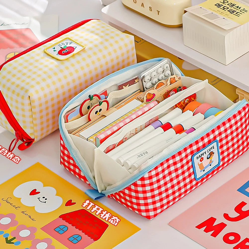 New Kawaii Cartoon Checkered Large Capacity pencil case Student School Desktop Storage Stationery Multi Layer Pen bag Kids Gifts
