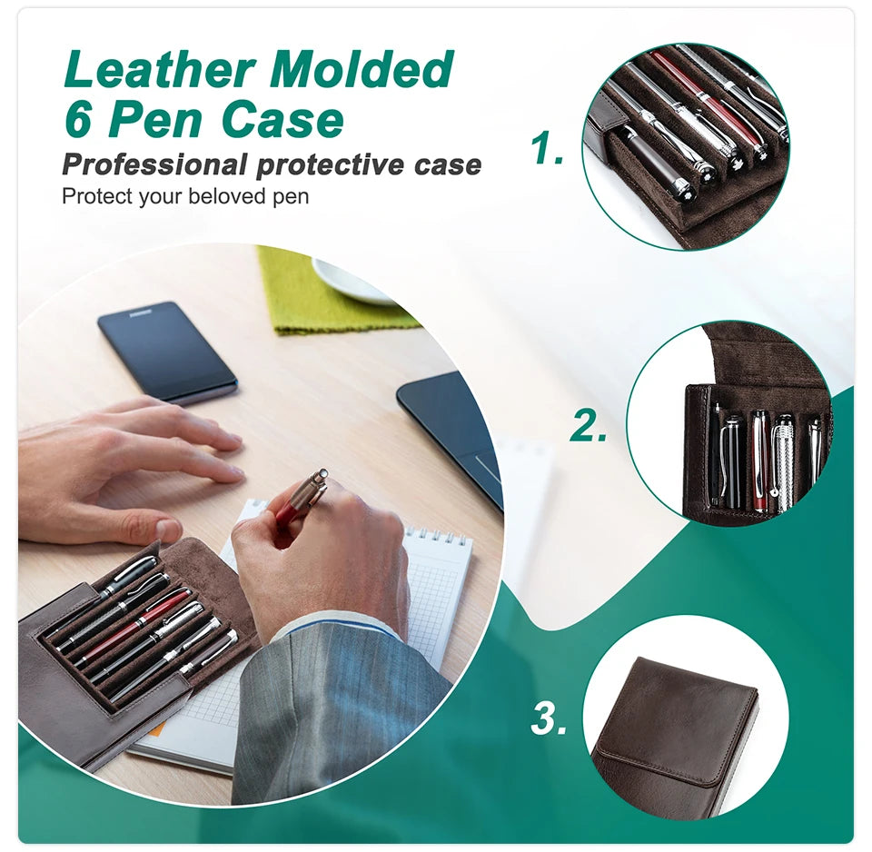 CONTACTS FAMILY 6 Pen Case Genuine Leather Detachable Portable Stationery Cover Holder Handmade Pen Box Shockproof Men