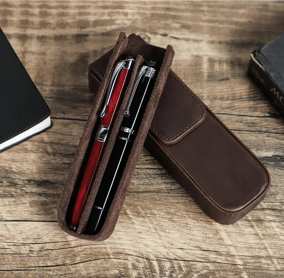 CONTACT'S FAMILY Leather 2 Slots Pen Case Magnetic buckle With Removable Pen Tray Holder Pencil Case Box Office School Pouch