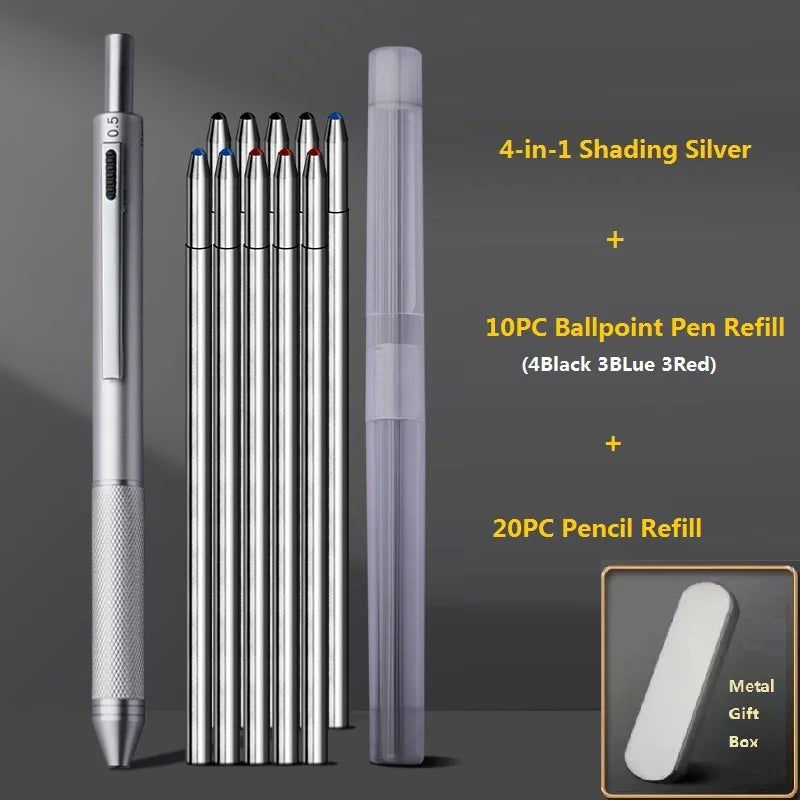 4 In 1 Multifunction Luxury Pen, 0.7mm 3 Color Ballpoint 0.5mm Mechanical Pencil, Gravity Sensor Metal Retractable Pens Długopis