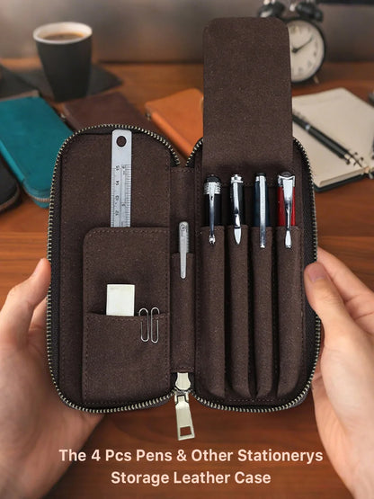 Genuine Leather Pencil Case with 4 Slots Handmade Multifunctional Zipper Fountain Pen Bag Student Stationery Pen Box