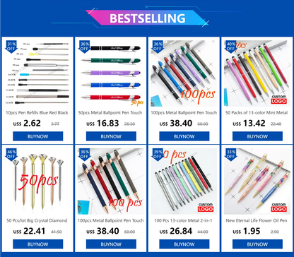 50Pens Crystal Metal Ballpoint Pen Fashion Creative Stylus Touch for Writing Stationery Office School Gift Free Custom Logo