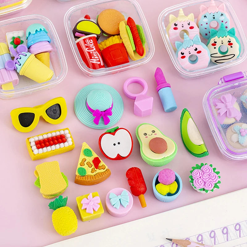 Random 1pc  Lunch Box Eraser Set Lovely Eraser Soft Pencil Eraser School Students Stationery Supplies Exquisite Prize Gifts