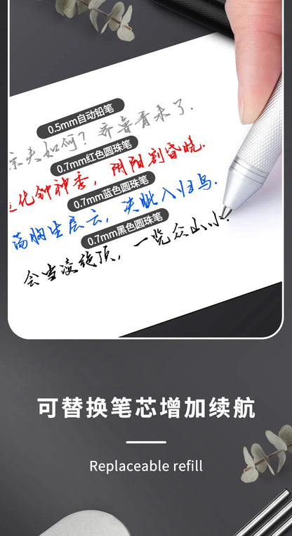 4 In 1 Multifunction Luxury Pen, 0.7mm 3 Color Ballpoint 0.5mm Mechanical Pencil, Gravity Sensor Metal Retractable Pens Długopis