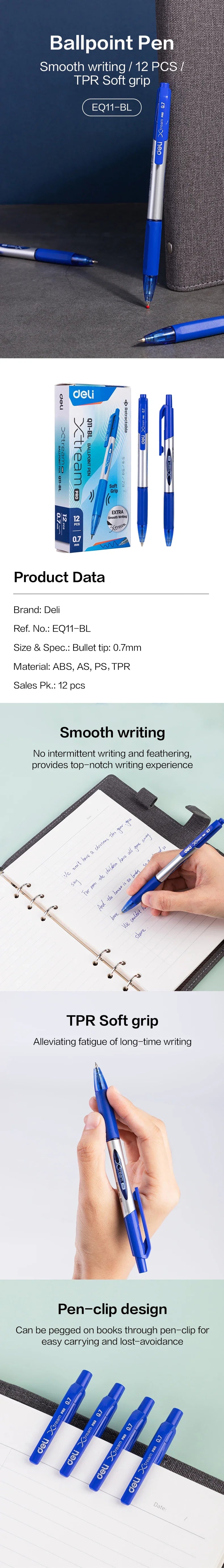 Deli 12pcs High Quality 0.7mm Ballpoint Pen Black Blue Ink Portable Signature Pen  Writing Tool For School Office Supplies