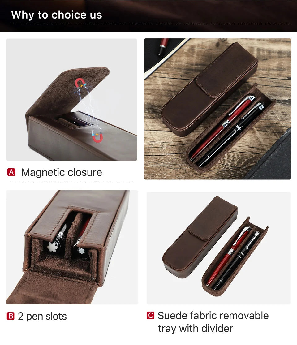 CONTACT'S FAMILY Leather 2 Slots Pen Case Magnetic buckle With Removable Pen Tray Holder Pencil Case Box Office School Pouch