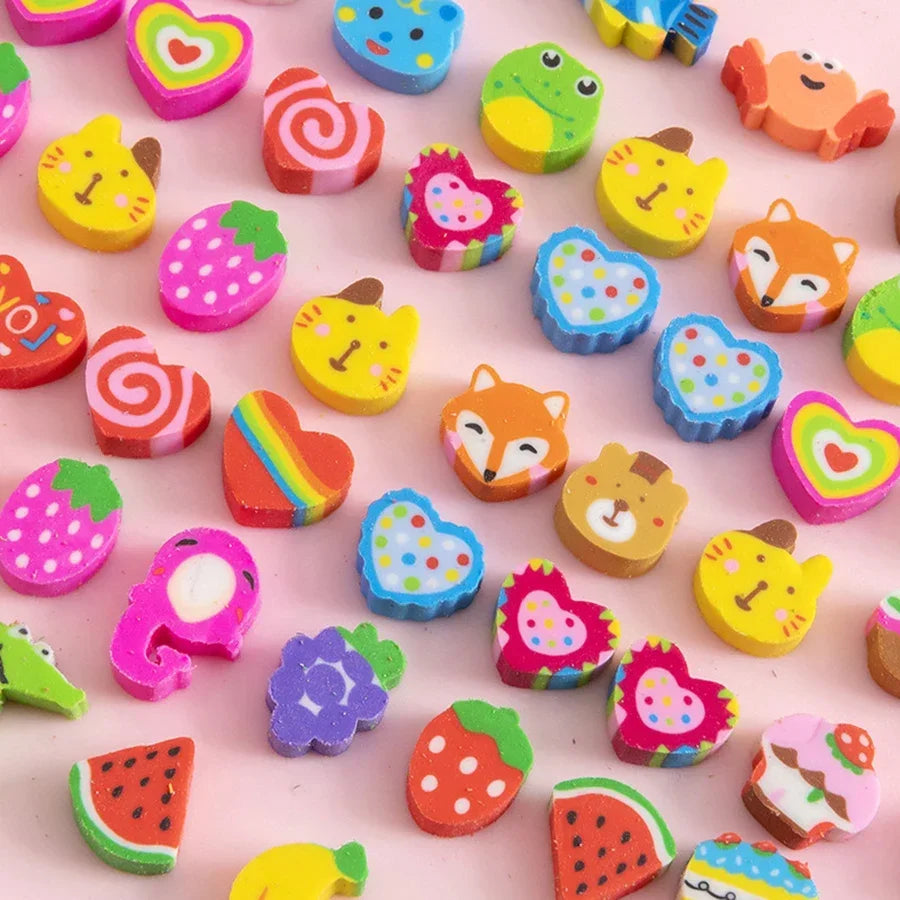 20-200pcs Mini Erasers Fruit Animal Number Cake Heart Designs School Supplies Graduation Gifts Classroom Prizes Birthday JXB