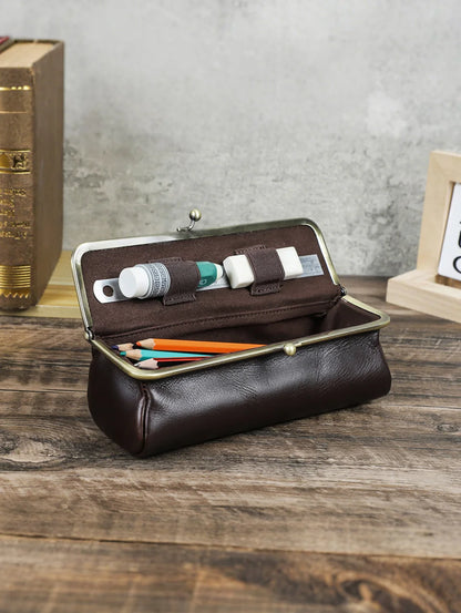 Handmade Vintage Genuine Leather Pencil Case Retro Storage Box for Office School Supplies Best Gift