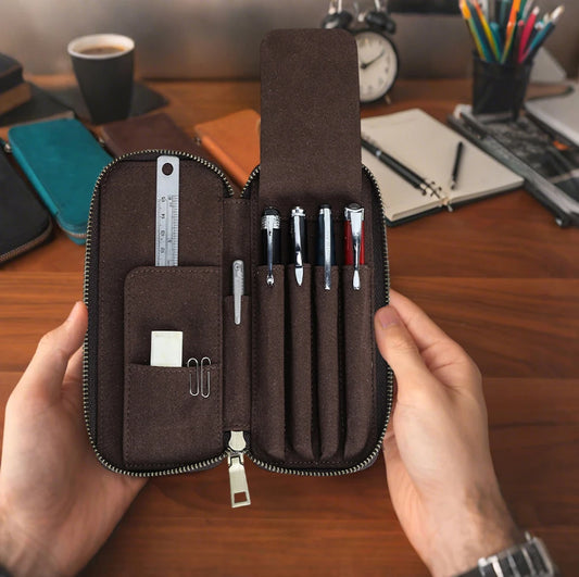 Genuine Leather Pencil Case with 4 Slots Handmade Multifunctional Zipper Fountain Pen Bag Office School Stationery Organizer Bag