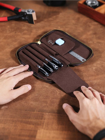 Genuine Leather Pencil Case with 4 Slots Handmade Multifunctional Zipper Fountain Pen Bag Student Stationery Pen Box