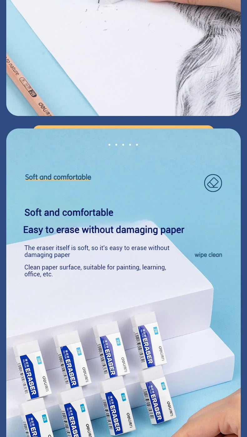 Deli Soft 2B Pencil Erasers for Kids - Clean Mess-Free Exam Office Sketch Correction Supplies