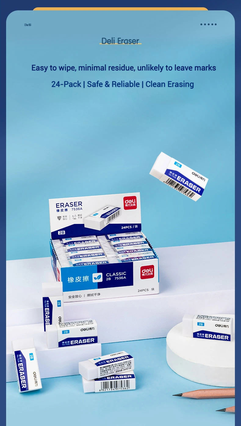 Deli Soft 2B Pencil Erasers for Kids - Clean Mess-Free Exam Office Sketch Correction Supplies