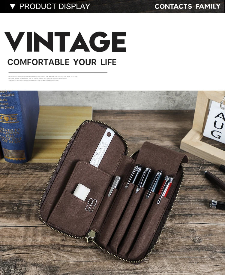 Genuine Leather Pencil Case with 4 Slots Handmade Multifunctional Zipper Fountain Pen Bag Office School Stationery Organizer Bag