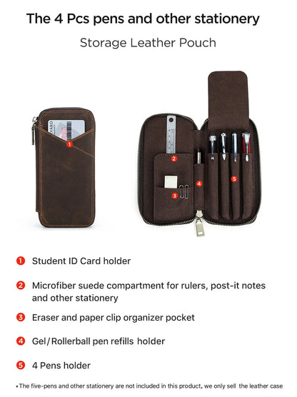 Genuine Leather Pencil Case with 4 Slots Handmade Multifunctional Zipper Fountain Pen Bag Student Stationery Pen Box