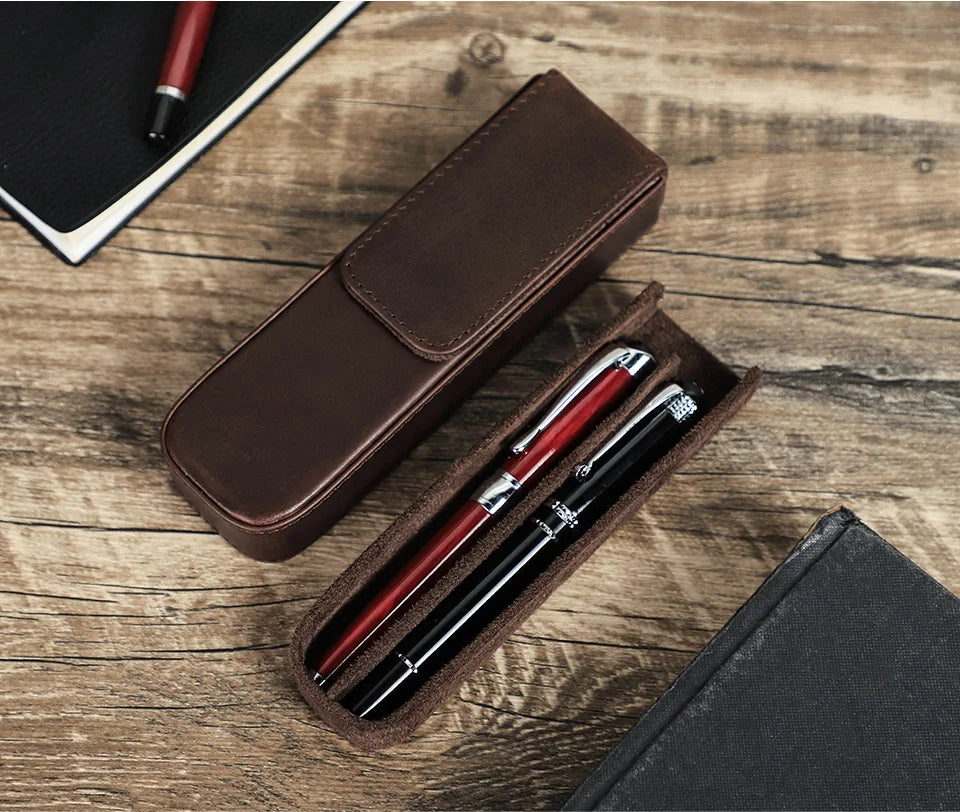 CONTACT'S FAMILY Leather 2 Slots Pen Case Magnetic buckle With Removable Pen Tray Holder Pencil Case Box Office School Pouch