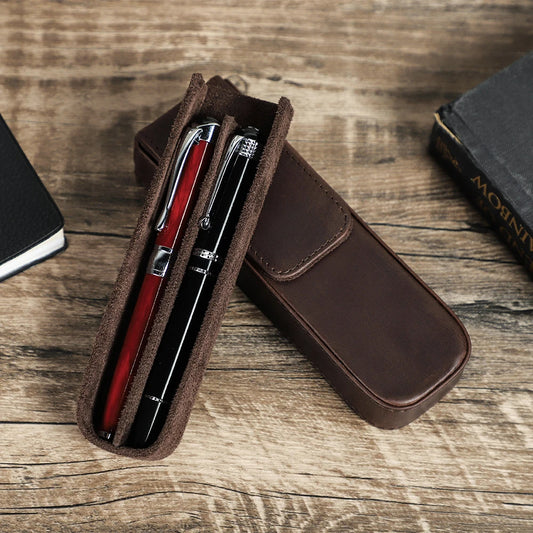 CONTACT'S FAMILY Leather 2 Slots Pen Case Magnetic buckle With Removable Pen Tray Holder Pencil Case Box Office School Pouch