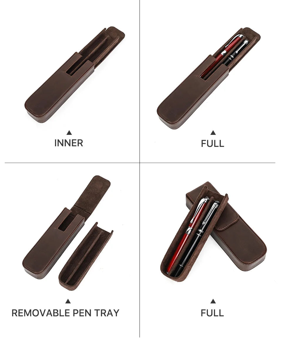 CONTACT'S FAMILY Leather 2 Slots Pen Case Magnetic buckle With Removable Pen Tray Holder Pencil Case Box Office School Pouch