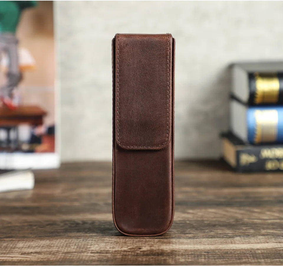 CONTACT'S FAMILY Leather 2 Slots Pen Case Magnetic buckle With Removable Pen Tray Holder Pencil Case Box Office School Pouch