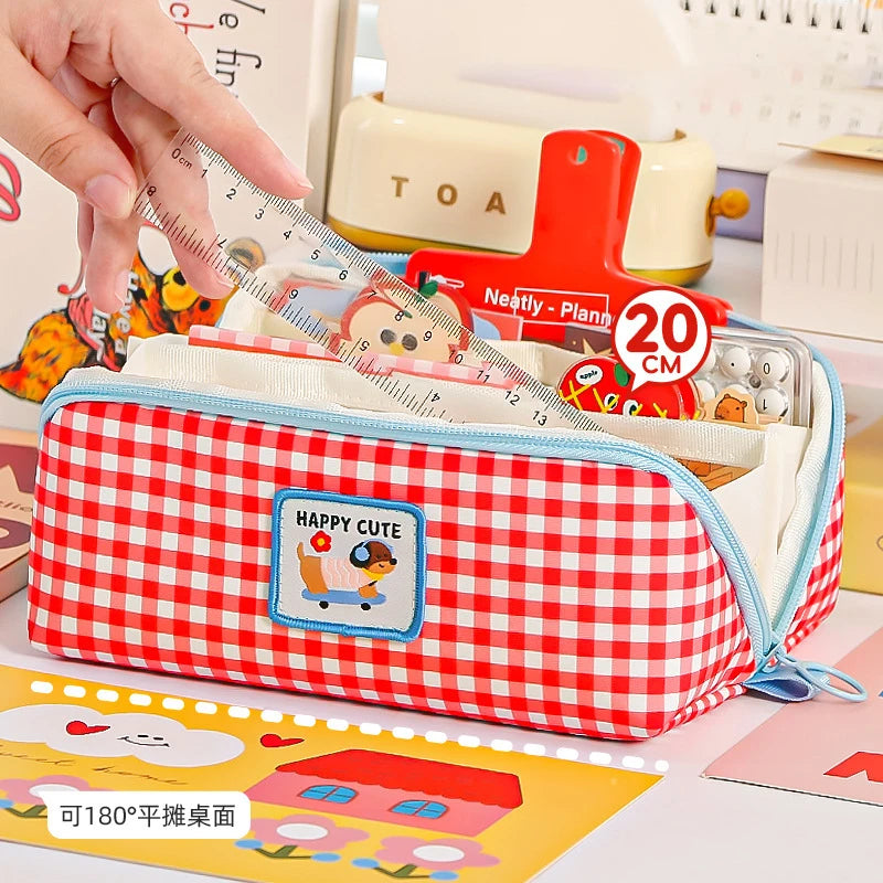 New Kawaii Cartoon Checkered Large Capacity pencil case Student School Desktop Storage Stationery Multi Layer Pen bag Kids Gifts
