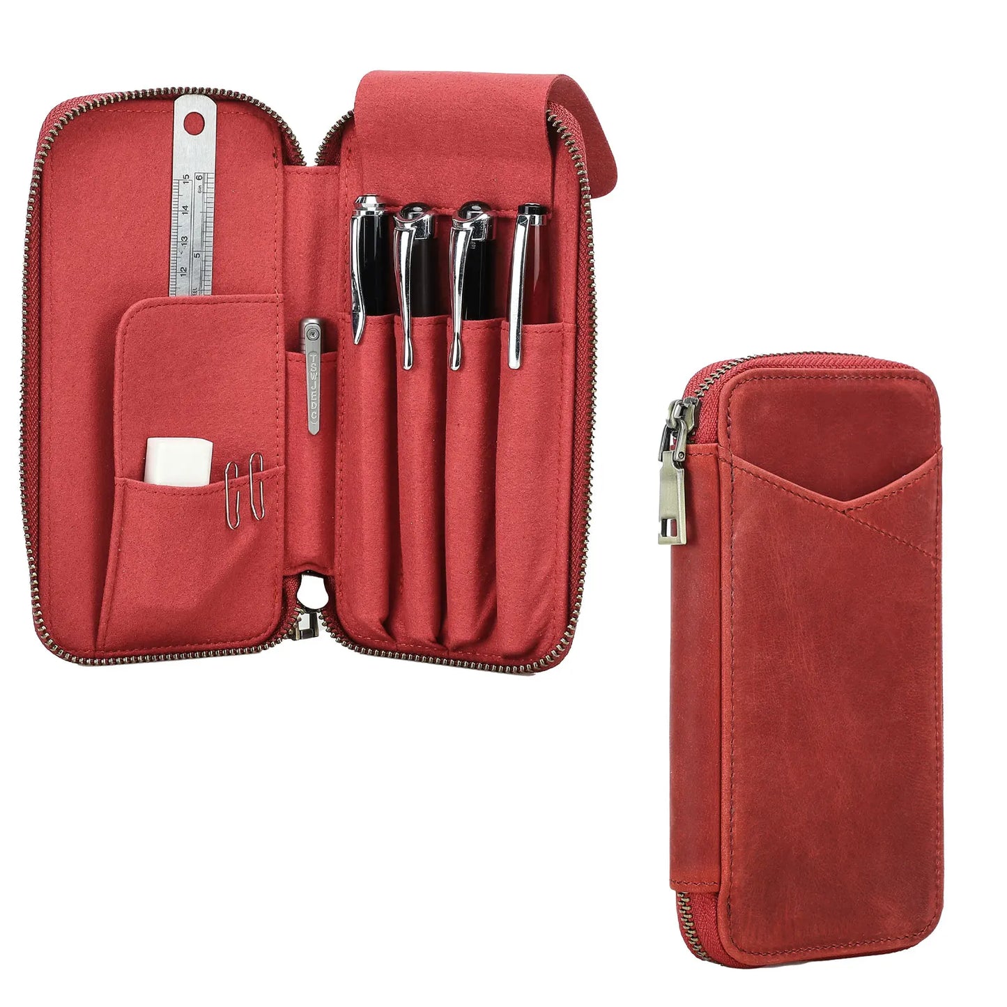 Genuine Leather Pencil Case with 4 Slots Handmade Multifunctional Zipper Fountain Pen Bag Office School Stationery Organizer Bag