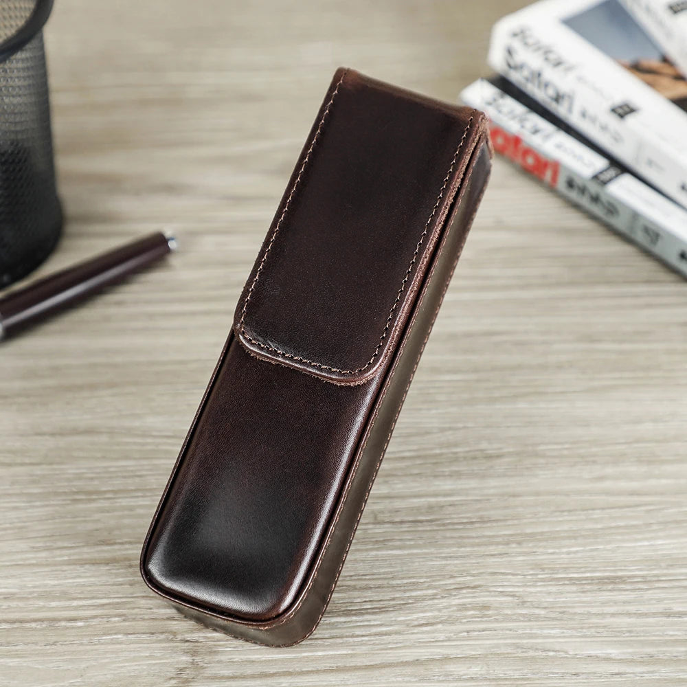 CONTACT'S FAMILY Leather 2 Slots Pen Case Magnetic buckle With Removable Pen Tray Holder Pencil Case Box Office School Pouch